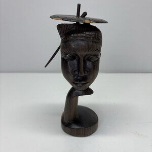Vintage Hand Carved Ebony Wood‎ African Sculpture Tribal Mens Bust Removable Hat